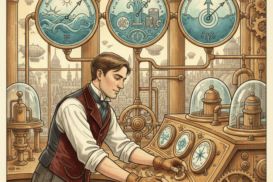 Illustrated Victorian-futurist advertising analyst adjusting brass dials for AI bidding and demand budgets on a teal mechanical dashboard