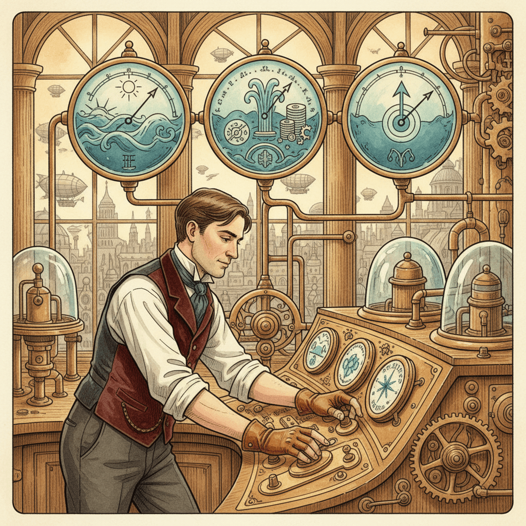 Illustrated Victorian-futurist advertising analyst adjusting brass dials for AI bidding and demand budgets on a teal mechanical dashboard