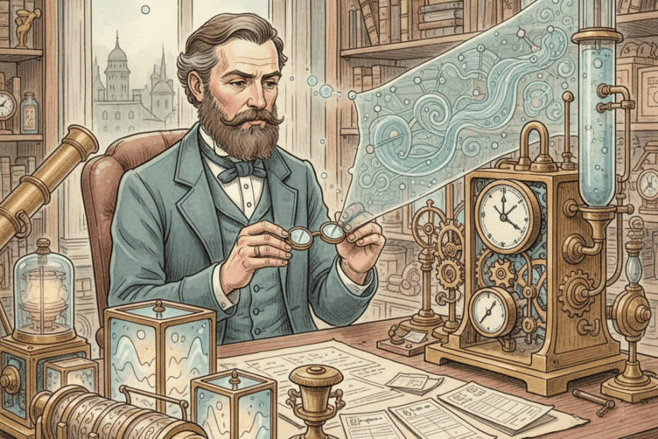 Steampunk watercolour illustration of a local business owner using brass instruments to tidy Google Analytics data and campaign reports, with no visible text.
