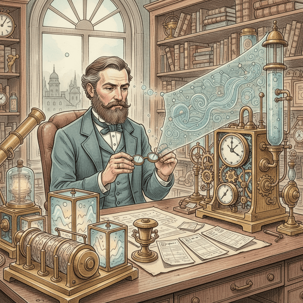 Steampunk watercolour illustration of a local business owner using brass instruments to tidy Google Analytics data and campaign reports, with no visible text.