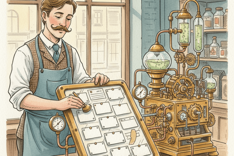 Steampunk watercolour illustration of a Bath shopkeeper maintaining a brass review ledger connected to a local search machine, with no readable text