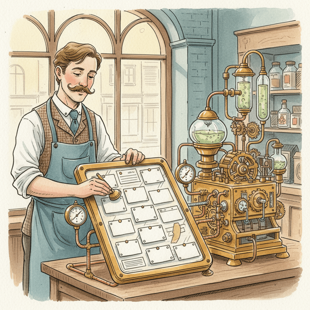 Steampunk watercolour illustration of a Bath shopkeeper maintaining a brass review ledger connected to a local search machine, with no readable text