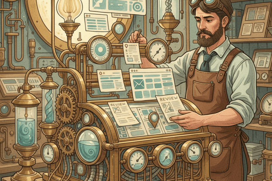 Illustrated Victorian-futurist content workshop with brass search instruments, website pages, local business notes and teal-lit AI citation machinery