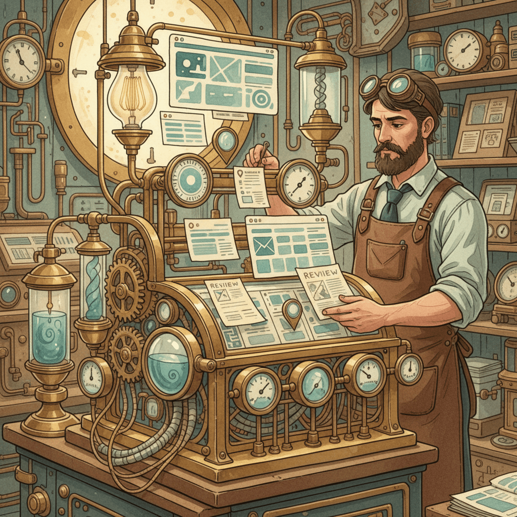 Illustrated Victorian-futurist content workshop with brass search instruments, website pages, local business notes and teal-lit AI citation machinery