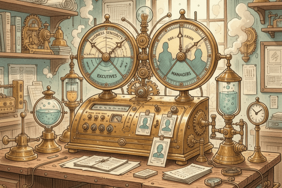 Victorian-futurist advertising desk with brass audience dials, LinkedIn-style profile cards, search campaign papers and teal measuring instruments