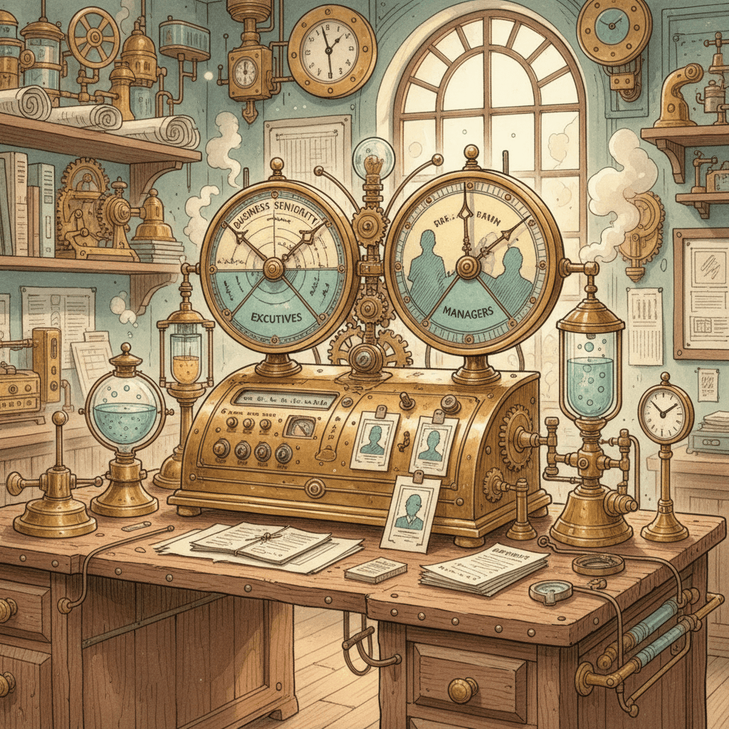 Victorian-futurist advertising desk with brass audience dials, LinkedIn-style profile cards, search campaign papers and teal measuring instruments