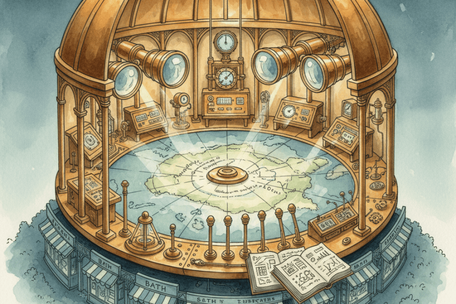 Victorian-futurist search observatory with brass ranking instruments, local shop signs without text and teal-lit maps of the South West