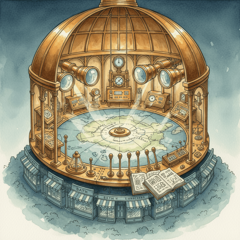 Victorian-futurist search observatory with brass ranking instruments, local shop signs without text and teal-lit maps of the South West