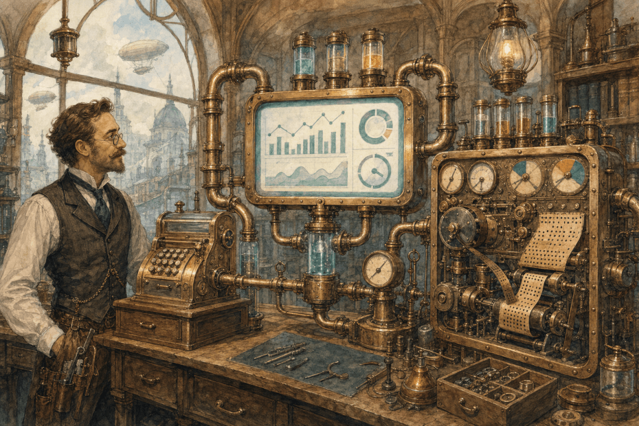 Hand-painted Victorian-futurist workshop scene with brass data pipes linking a shop till, website screen and advertising dashboard