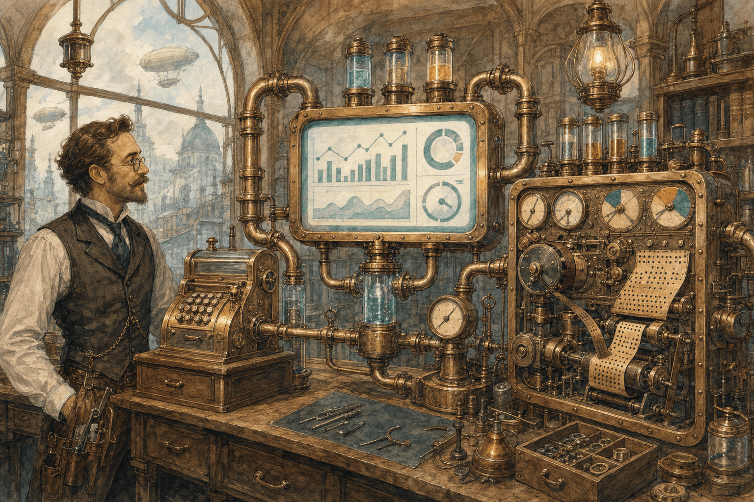 Hand-painted Victorian-futurist workshop scene with brass data pipes linking a shop till, website screen and advertising dashboard