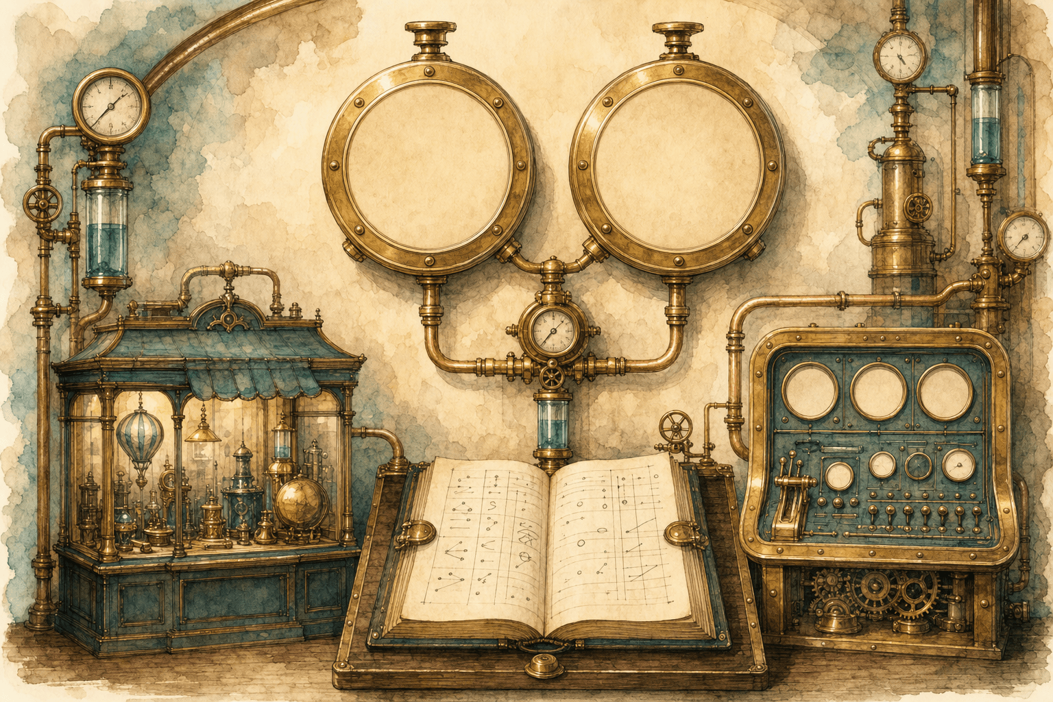Hand-painted Victorian-futurist advertising workshop with brass bidding dials for cost and return targets