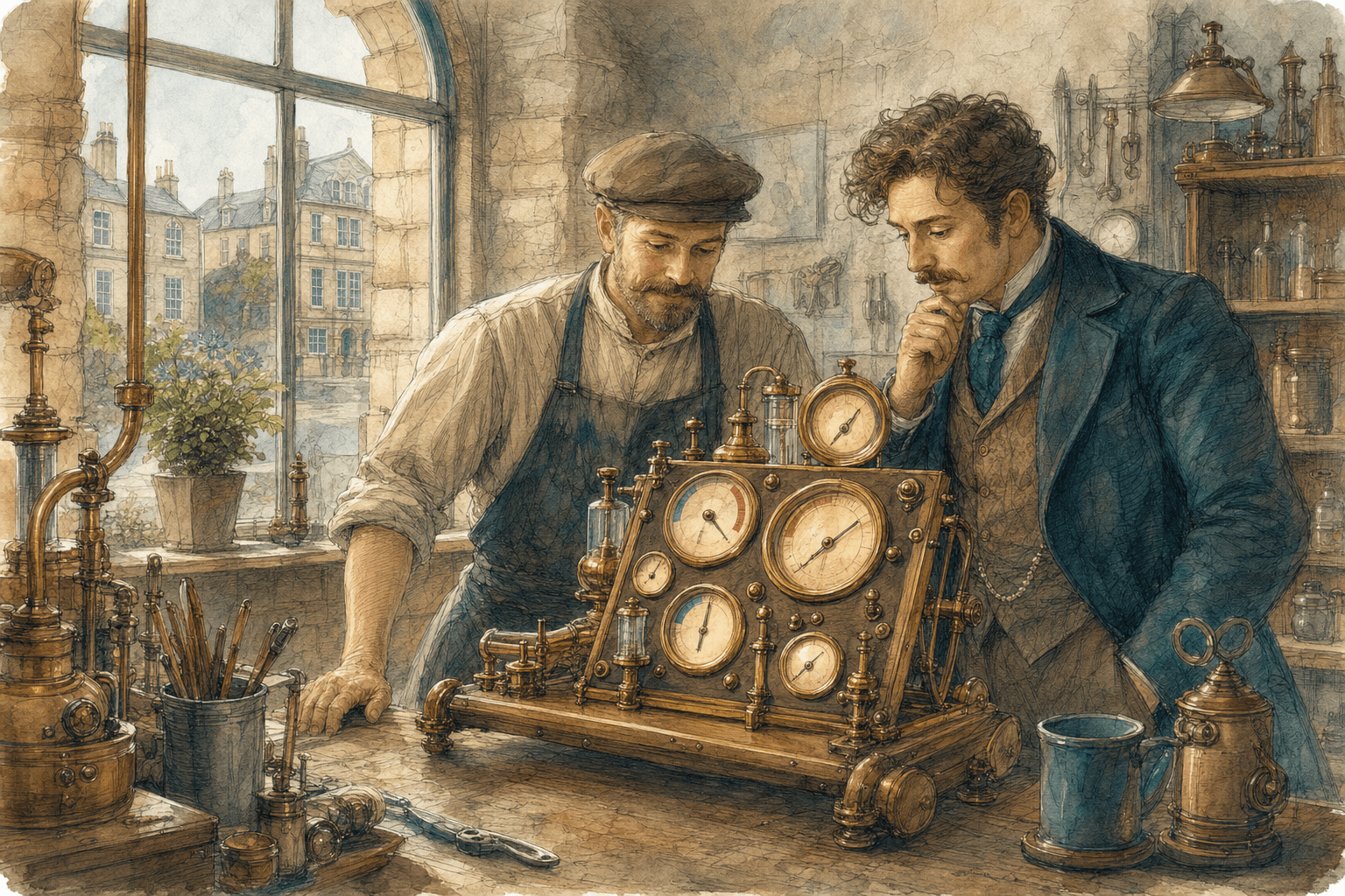 Hand-painted Victorian-futurist advertising workshop with brass budget gauges and teal search screens
