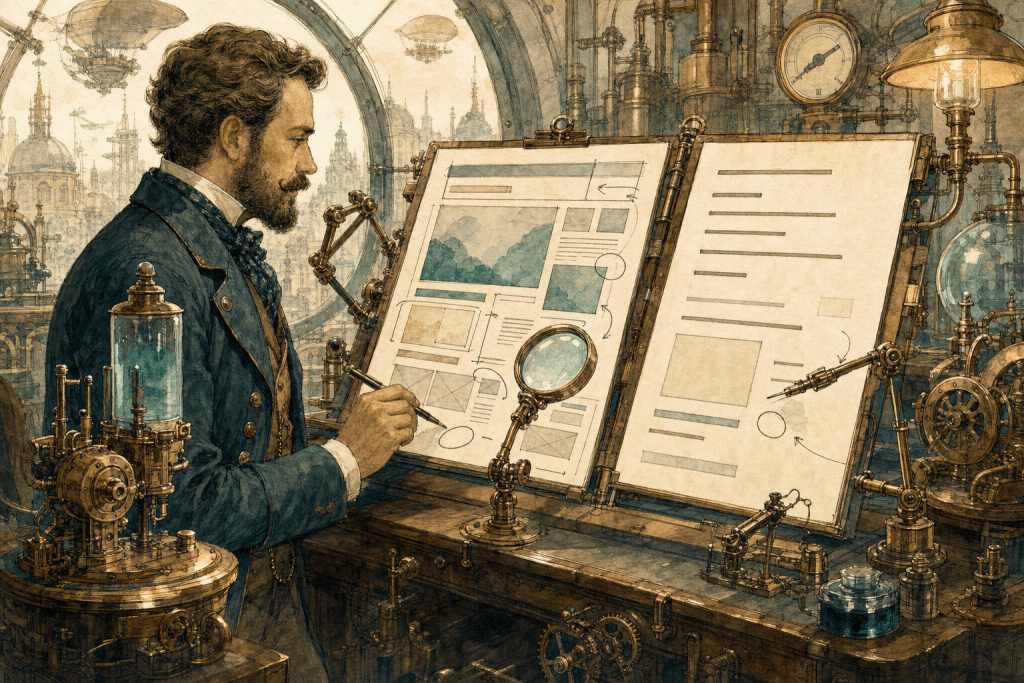 Victorian-futurist web editor comparing an ornate HTML page with a plain markdown sheet on a brass and teal inspection machine