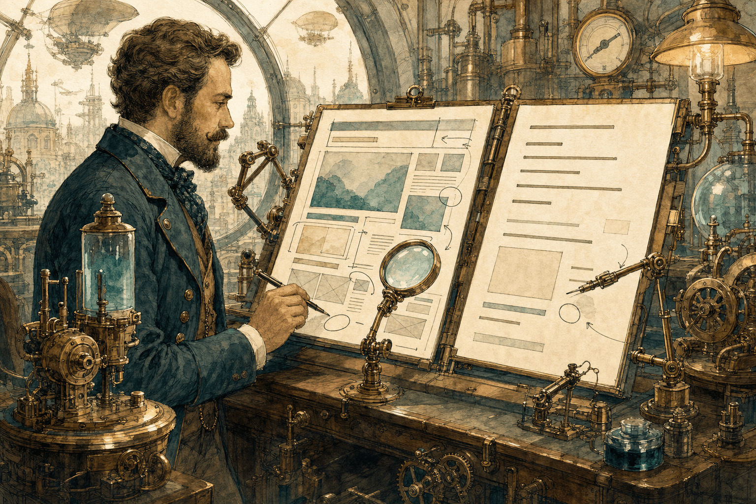 Victorian-futurist web editor comparing an ornate HTML page with a plain markdown sheet on a brass and teal inspection machine