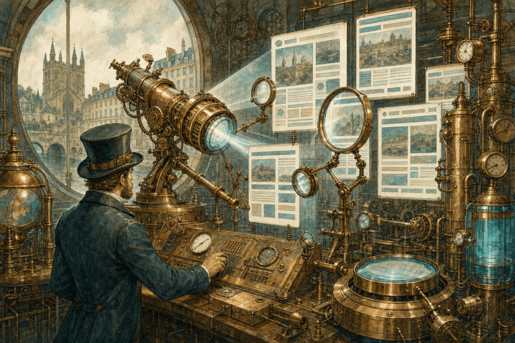 Hand-painted steampunk search observatory with brass instruments scanning tidy website pages, with muted teal accents and no text