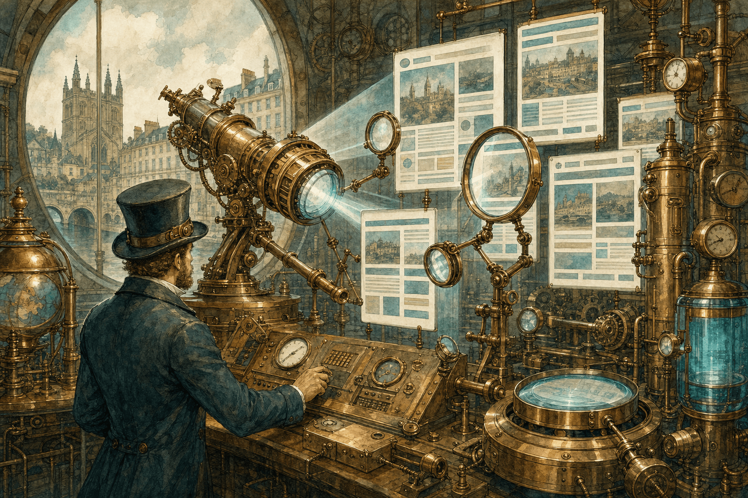 Hand-painted steampunk search observatory with brass instruments scanning tidy website pages, with muted teal accents and no text