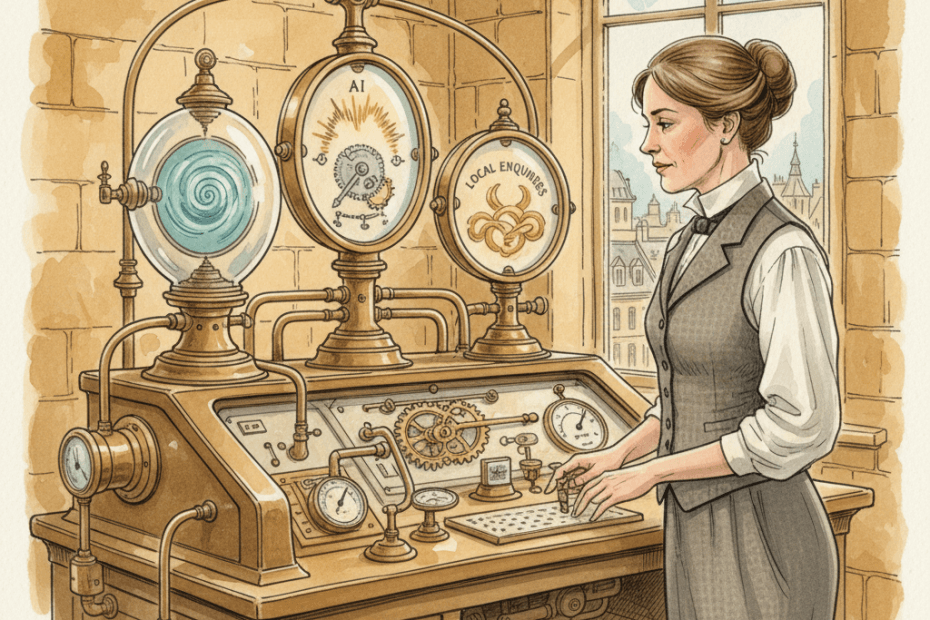Steampunk watercolour illustration of a Bath business owner reading brass Search Console gauges for AI search visibility, with no readable text