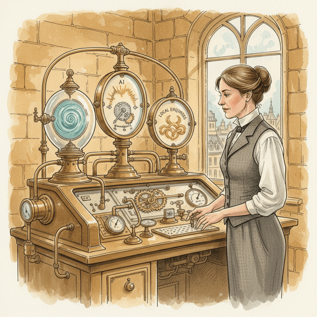 Steampunk watercolour illustration of a Bath business owner reading brass Search Console gauges for AI search visibility, with no readable text