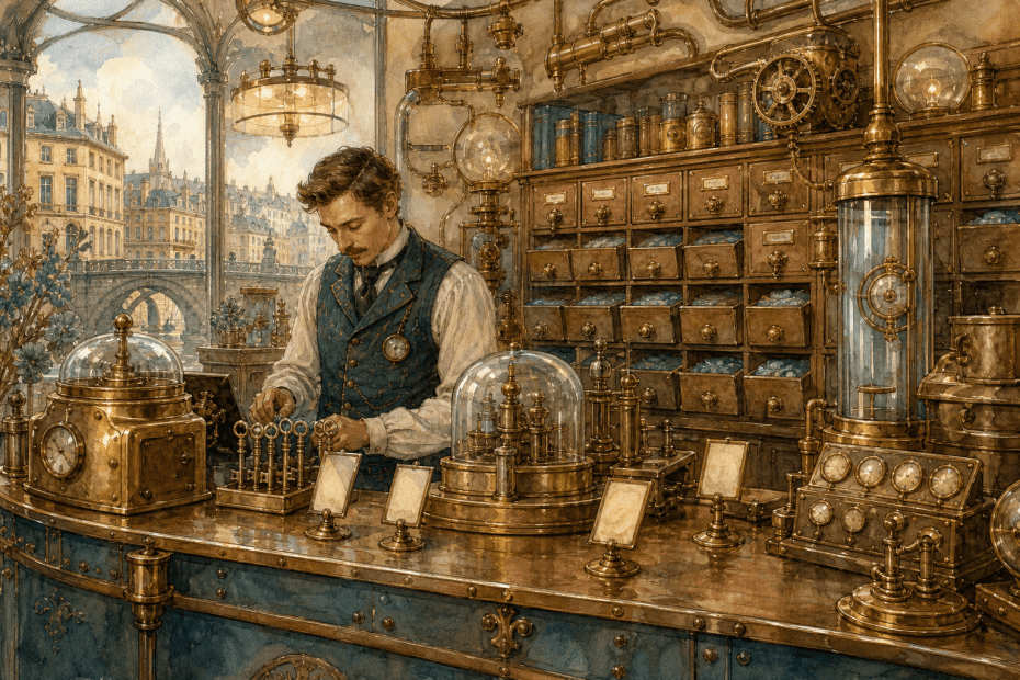 Hand-painted steampunk retail workshop with brass account keys, product cards and teal gauges, with no text