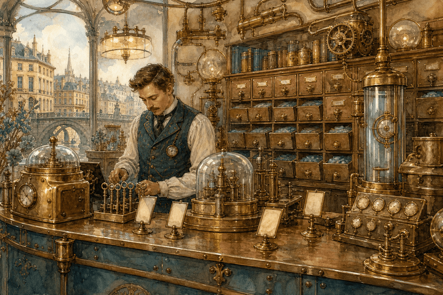Hand-painted steampunk retail workshop with brass account keys, product cards and teal gauges, with no text