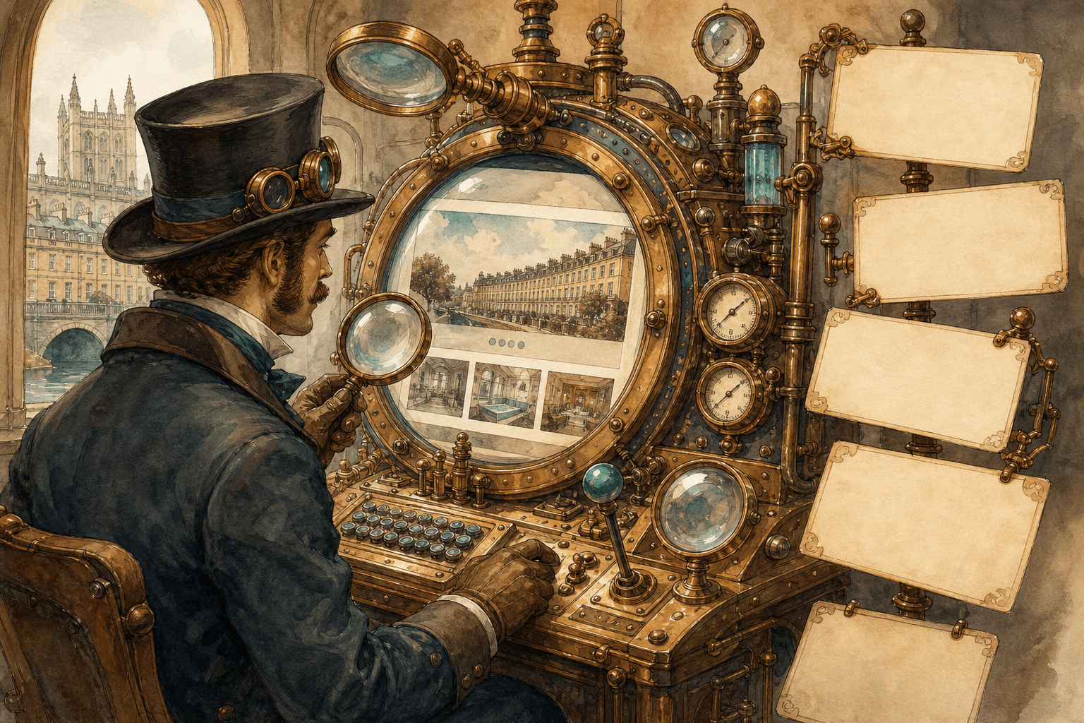 Hand-painted steampunk workshop showing a brass search console and neat page description cards, with no readable text