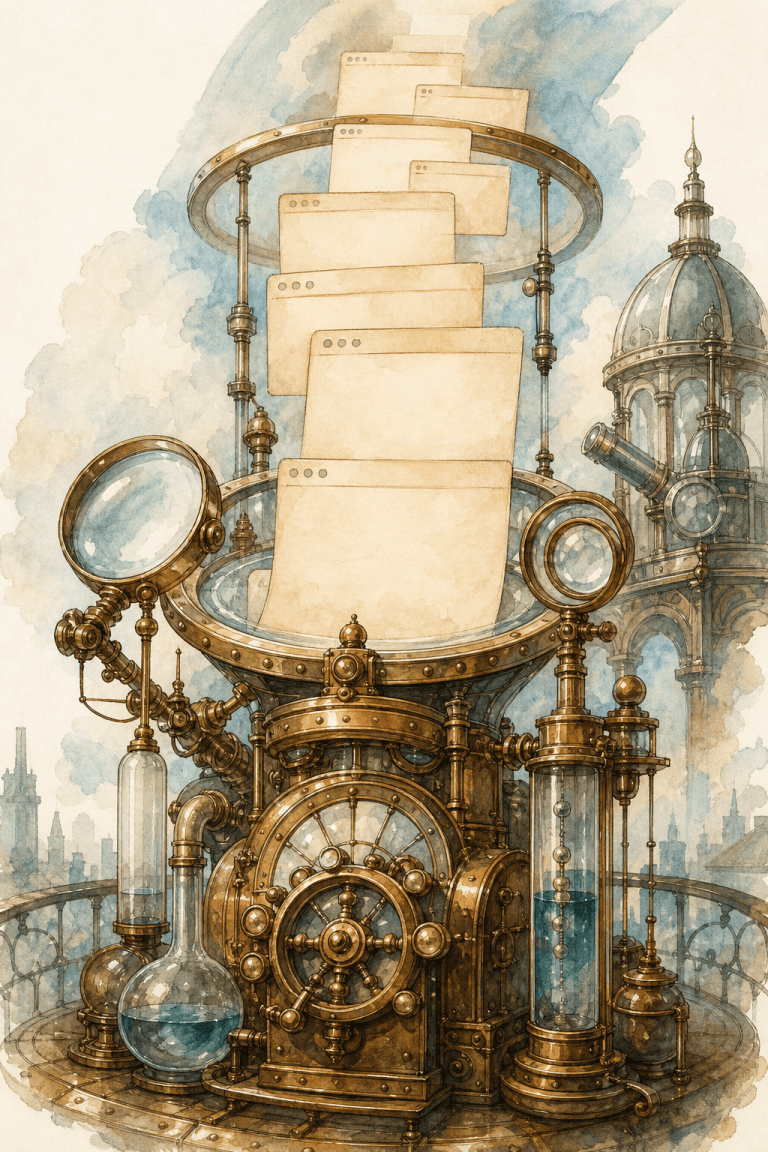 Hand-painted steampunk search observatory showing small local publisher pages rising through a brass discovery machine, with no readable text