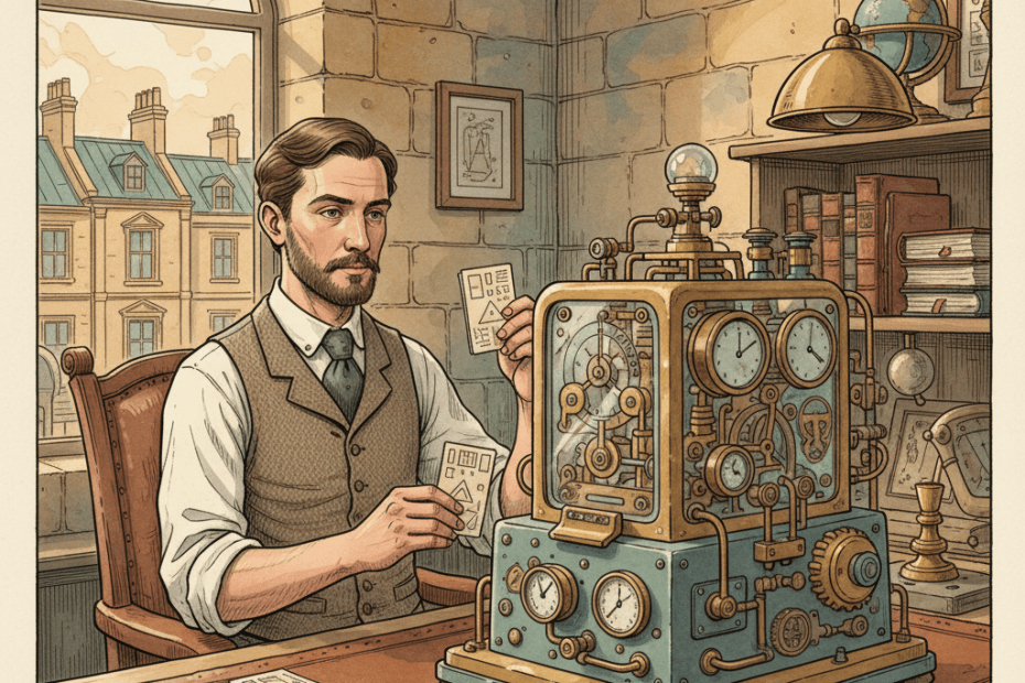 Steampunk watercolour illustration of a Bath advertiser feeding customer data cards into a brass Google Ads machine, with no readable text