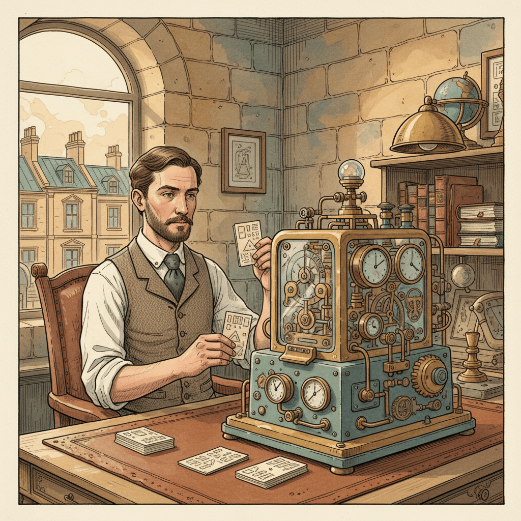 Steampunk watercolour illustration of a Bath advertiser feeding customer data cards into a brass Google Ads machine, with no readable text