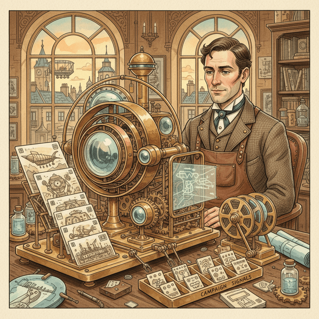 Steampunk watercolour illustration of a Bath advertiser testing creative assets on a brass Performance Max machine, with no readable text