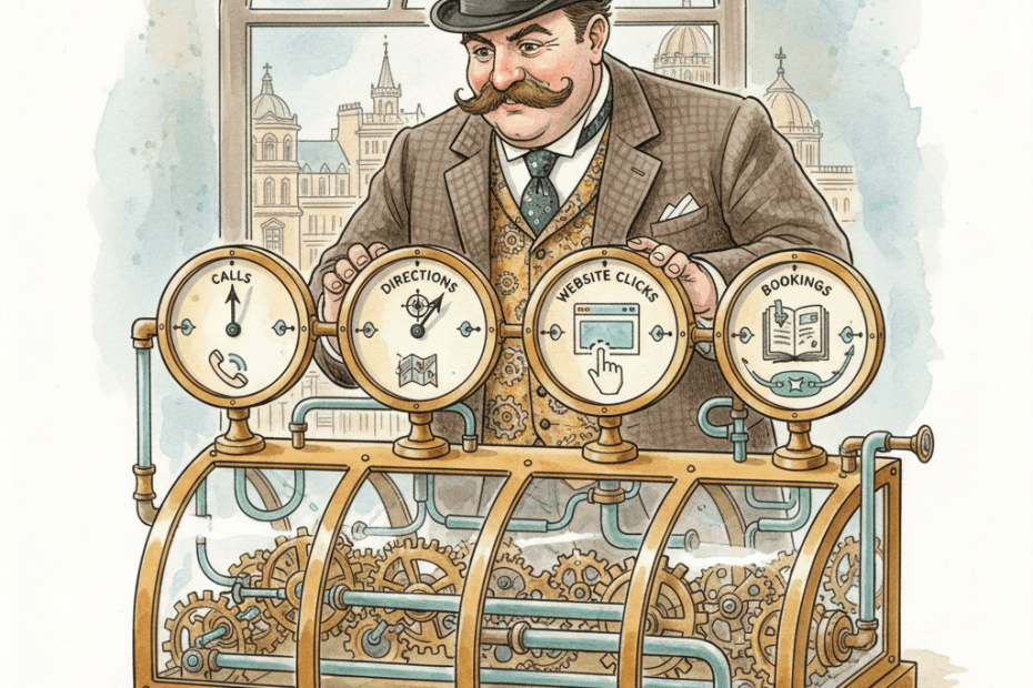 Steampunk watercolour illustration of a local shop owner viewing Google Business Profile calls and directions on a brass analytics machine, with no readable text