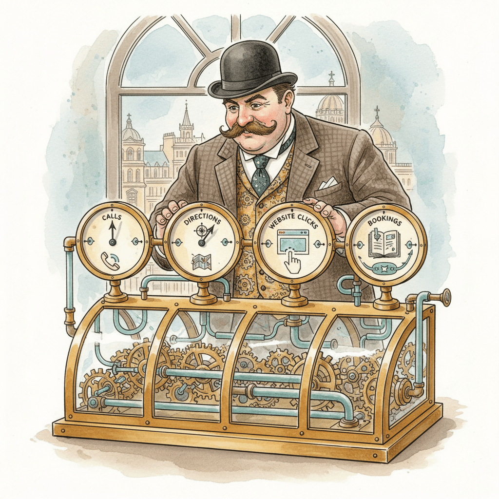 Steampunk watercolour illustration of a local shop owner viewing Google Business Profile calls and directions on a brass analytics machine, with no readable text