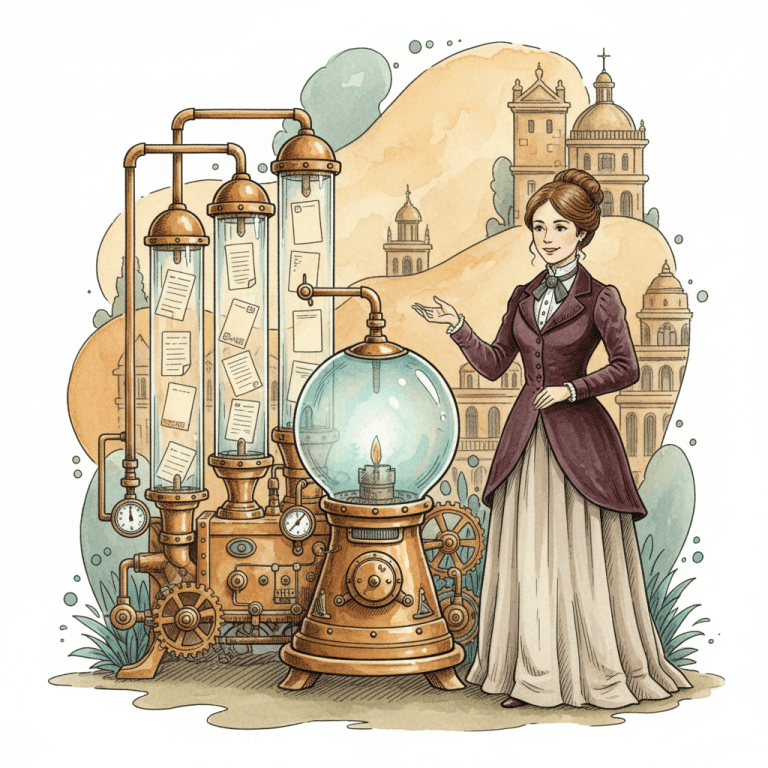 Steampunk watercolour illustration of a Bath business owner choosing trusted source cards in a brass search machine, with no readable text