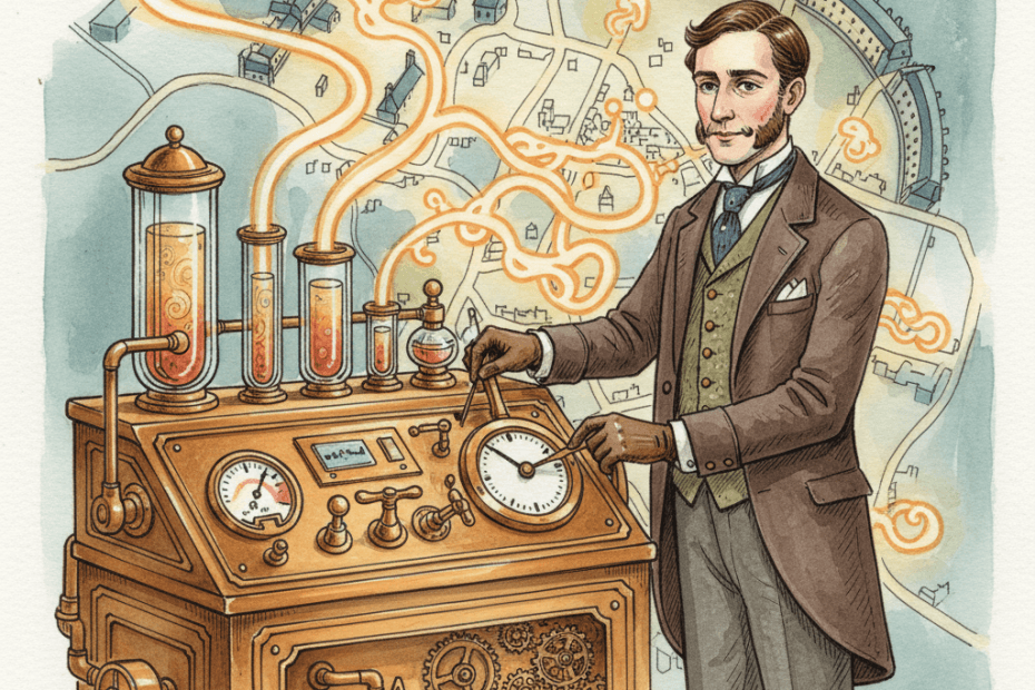 Steampunk watercolour illustration of a local advertiser adjusting brass search advertising controls beside a glowing map of Bath, with no readable text