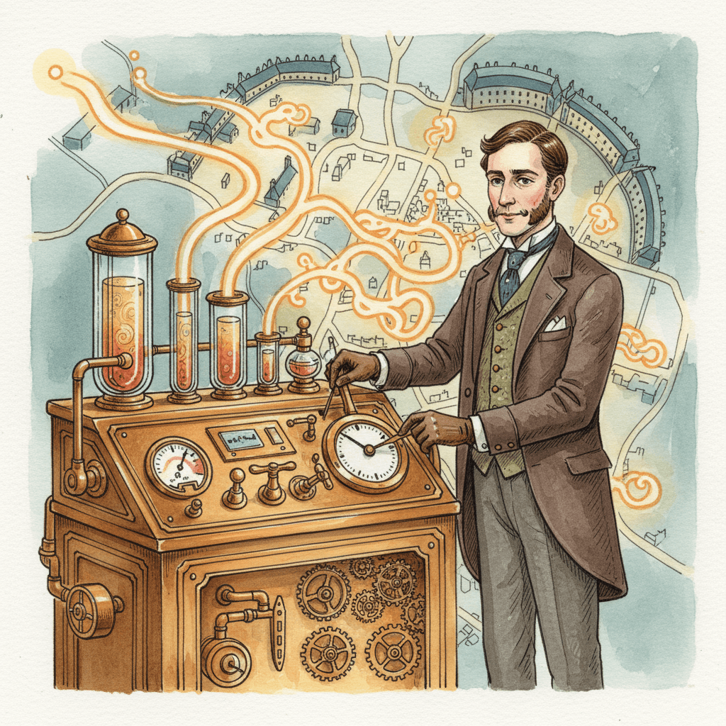 Steampunk watercolour illustration of a local advertiser adjusting brass search advertising controls beside a glowing map of Bath, with no readable text