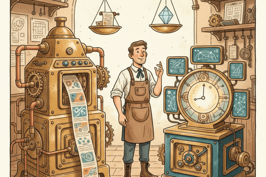 Illustrated Victorian-futurist advertising workshop with brass search machinery, website pages feeding into a teal-lit campaign console, and a careful operator comparing old and new controls