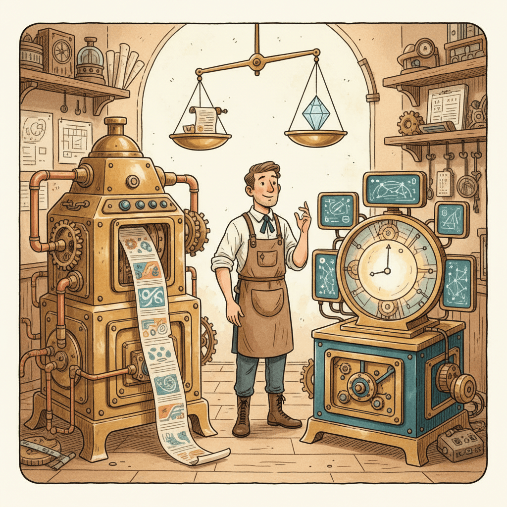 Illustrated Victorian-futurist advertising workshop with brass search machinery, website pages feeding into a teal-lit campaign console, and a careful operator comparing old and new controls
