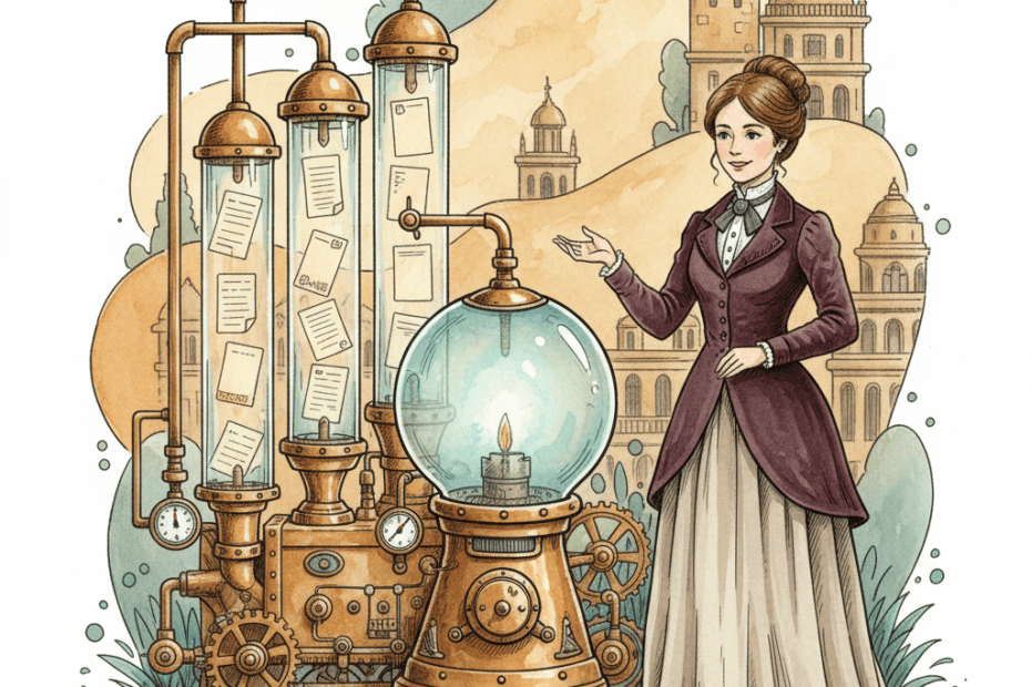 Steampunk watercolour illustration of a Bath business owner choosing trusted source cards in a brass search machine, with no readable text