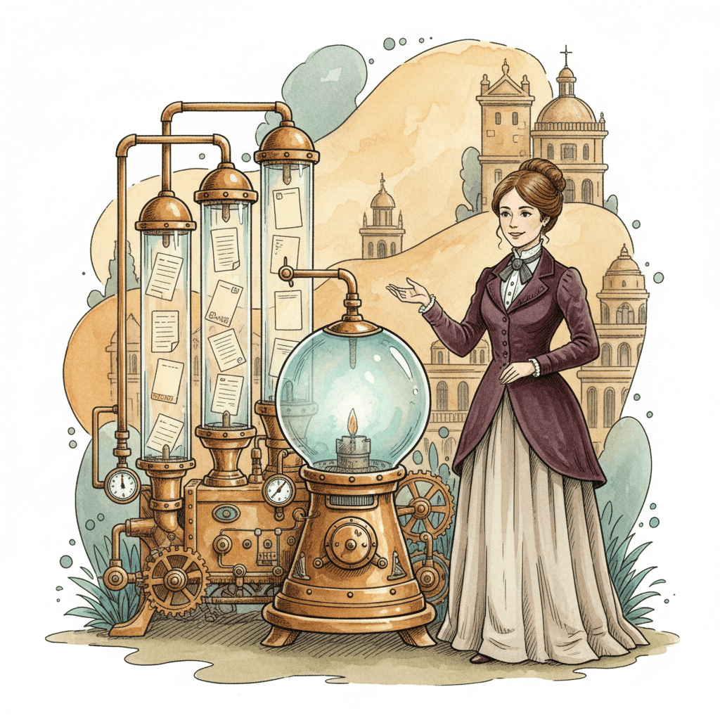 Steampunk watercolour illustration of a Bath business owner choosing trusted source cards in a brass search machine, with no readable text