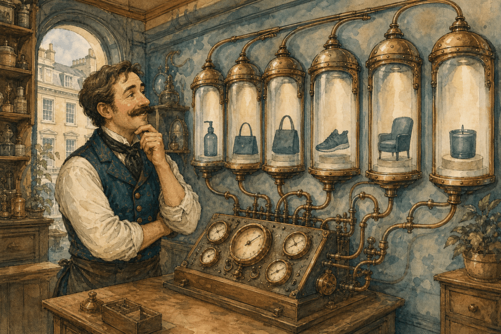 Victorian-futurist shopkeeper studying product performance across several brass gauges and glass display channels, painted in warm watercolour and ink