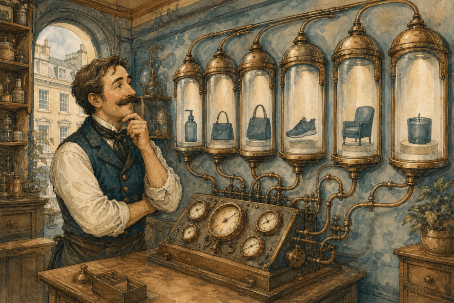 Victorian-futurist shopkeeper studying product performance across several brass gauges and glass display channels, painted in warm watercolour and ink