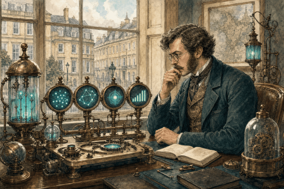 Victorian-futurist analyst comparing glowing search signals on brass instruments, painted in warm watercolour and ink