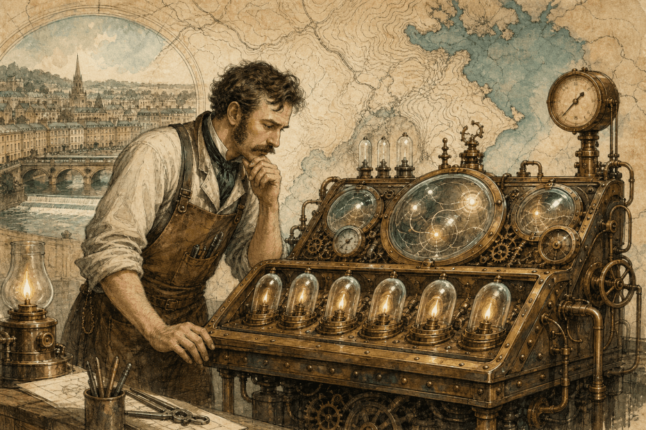 Victorian-futurist local tradesperson studying lead signals on a brass advertising console, painted in warm watercolour and ink