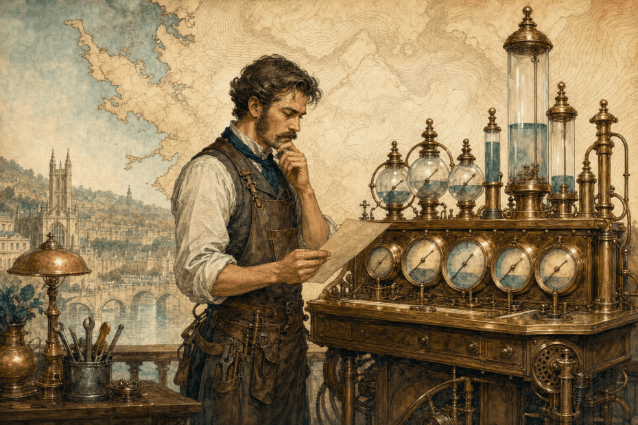 Victorian-futurist local tradesperson studying lead signals on a brass advertising console, painted in warm watercolour and ink