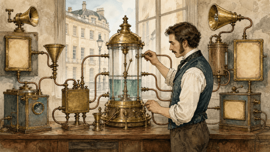 Victorian-futurist analyst connecting several brass advertising instruments to one central analytics gauge, painted in warm watercolour and ink