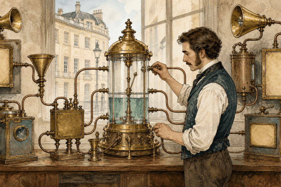 Victorian-futurist analyst connecting several brass advertising instruments to one central analytics gauge, painted in warm watercolour and ink