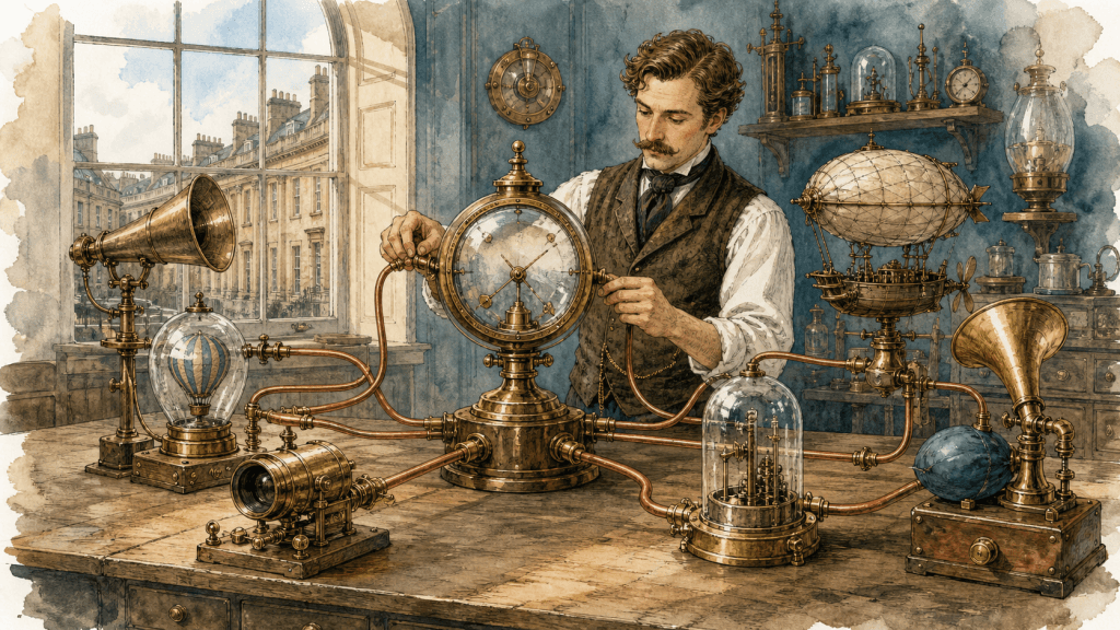 Victorian-futurist analyst connecting several brass advertising instruments to one central analytics gauge, painted in warm watercolour and ink