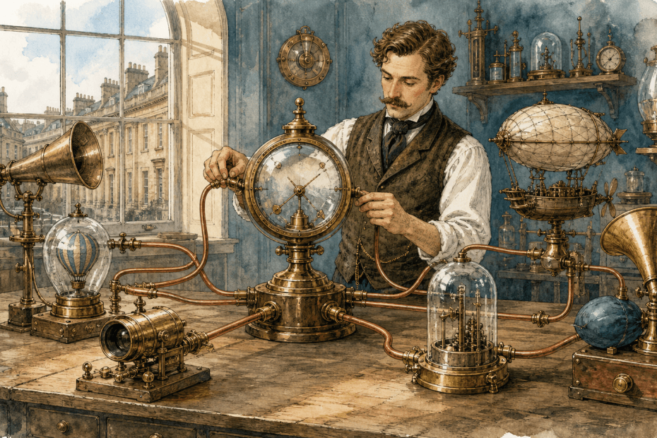 Victorian-futurist analyst connecting several brass advertising instruments to one central analytics gauge, painted in warm watercolour and ink
