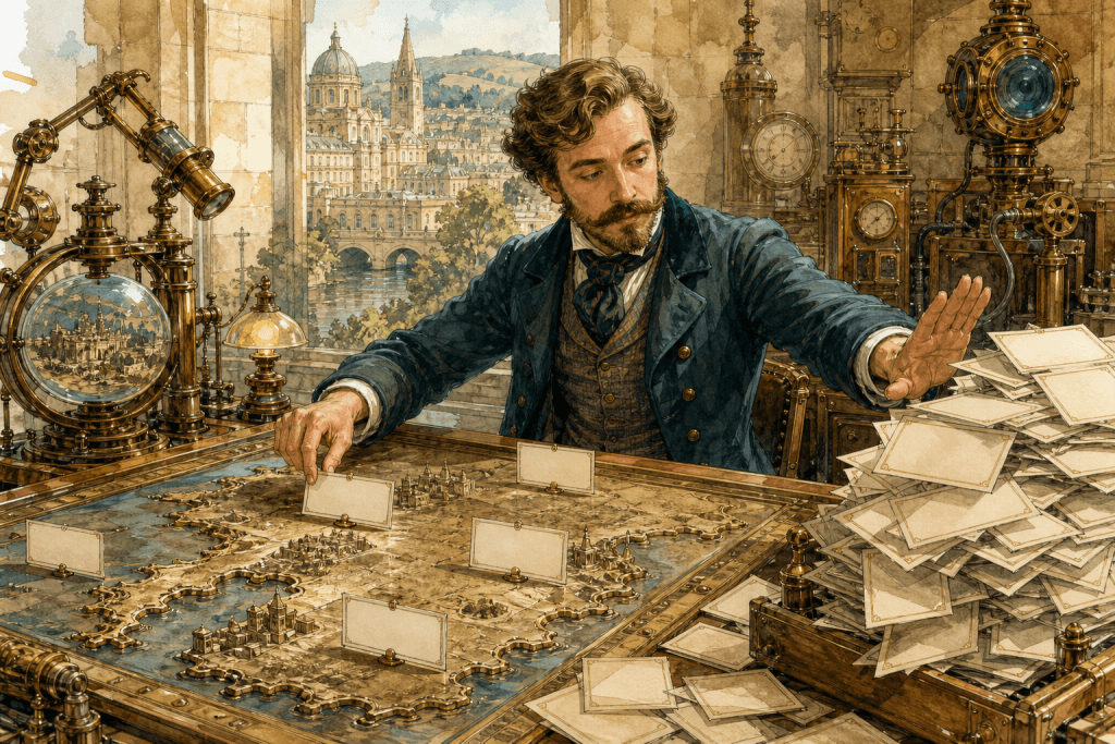 Victorian-futurist cartographer carefully arranging a small set of purposeful local web pages on a brass map of Bath