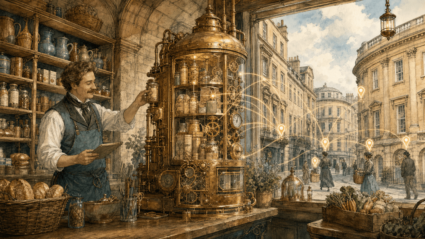 Victorian-futurist Bath shopkeeper checking local stock signals on a brass advertising machine