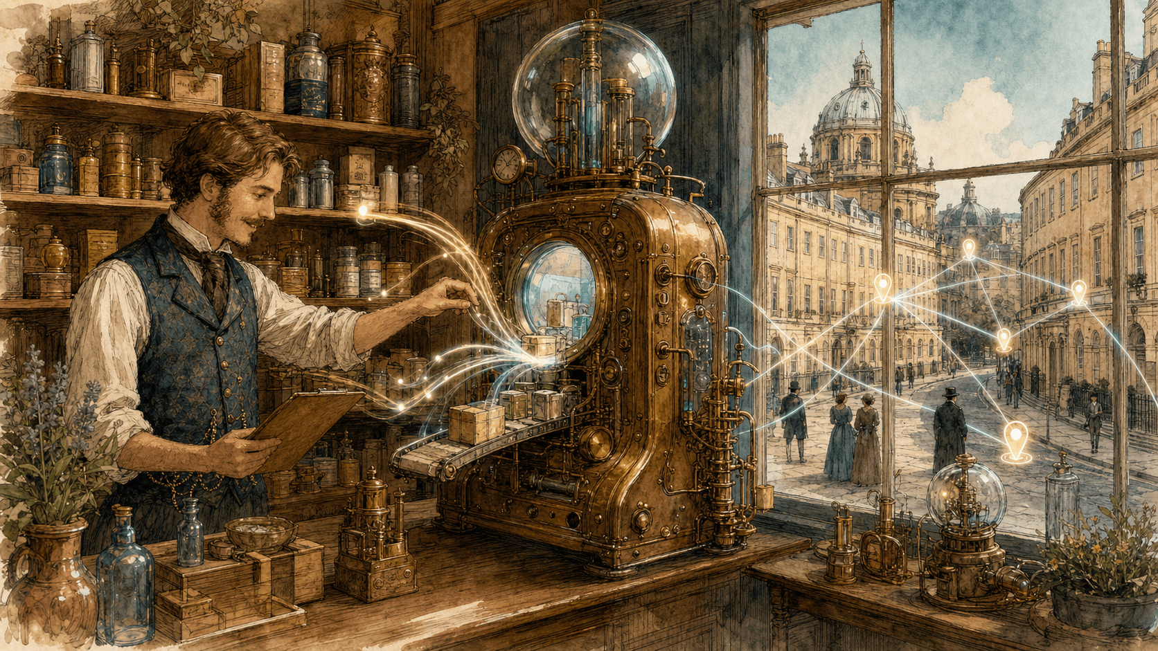 Victorian-futurist Bath shopkeeper checking local stock signals on a brass advertising machine